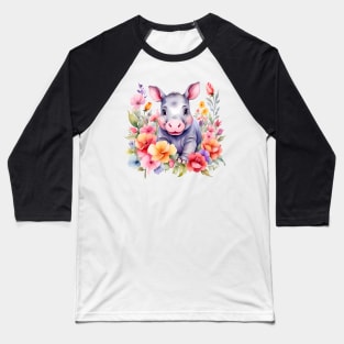 A baby hippo decorated with beautiful watercolor flowers Baseball T-Shirt